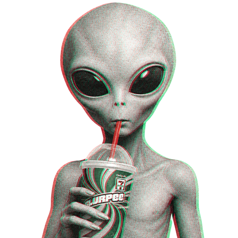 Grey alien casually sipping a slurpee
